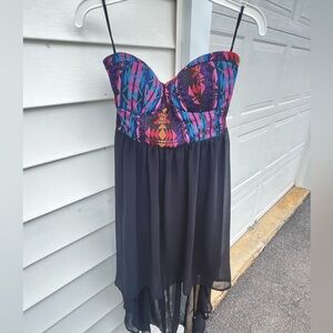 colorful strapless dress with mesh layers